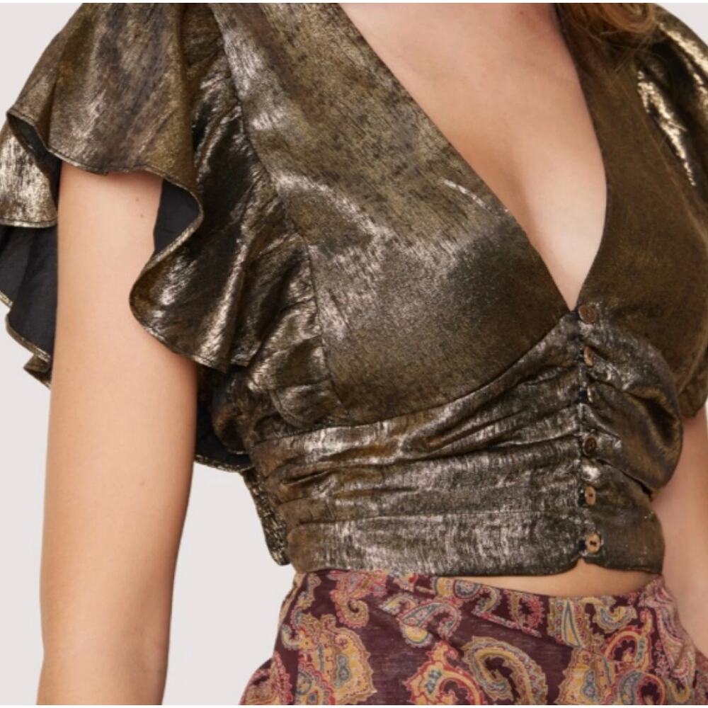 Lost + Wander (S) Heart of Gold Top - Button Front Flutter Sleeve Deep V Cropped